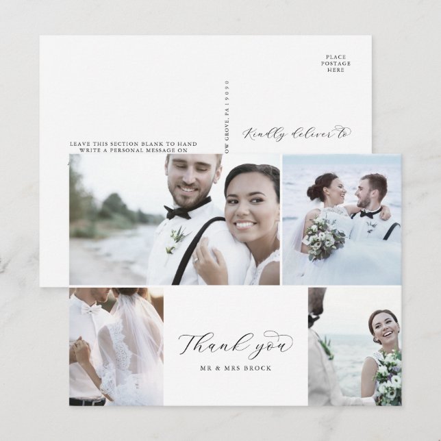 Carte Postale Élégant Script 4 Photo Collage Mariage Merci (Devant / Derrière)