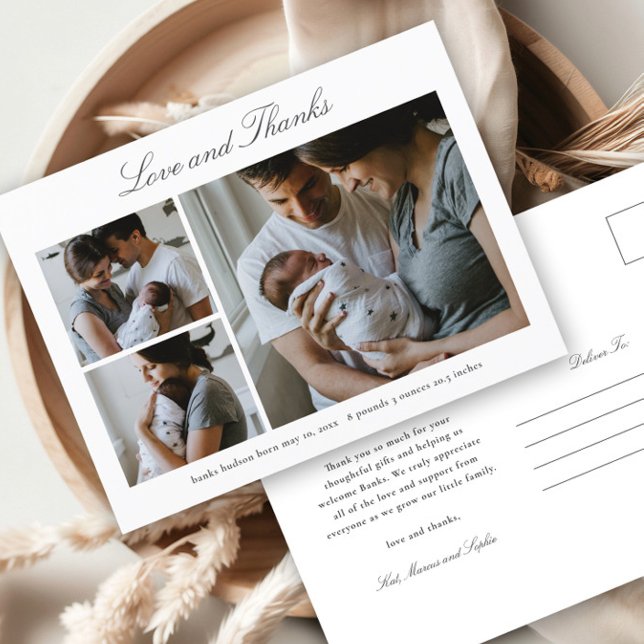 Carte Postale Élégant Script Baby Photo Faire-part (Elegant script 3 photo baby announcement thank you postcard.)
