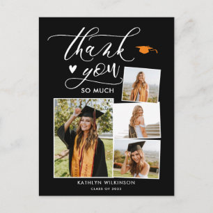 Carte Postale Élégant Script Black 4 Photo Graduation Merci