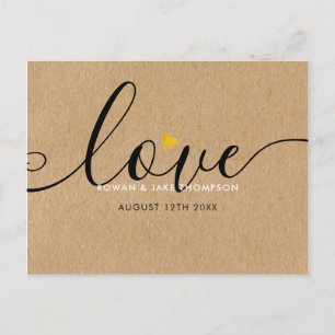 Carte Postale Élégant Script Cœur Doré Merci Kraft Rustique