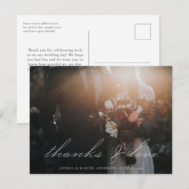 Carte Postale Élégant script de calligraphie photo Merci Mariage (Devant / Derrière)