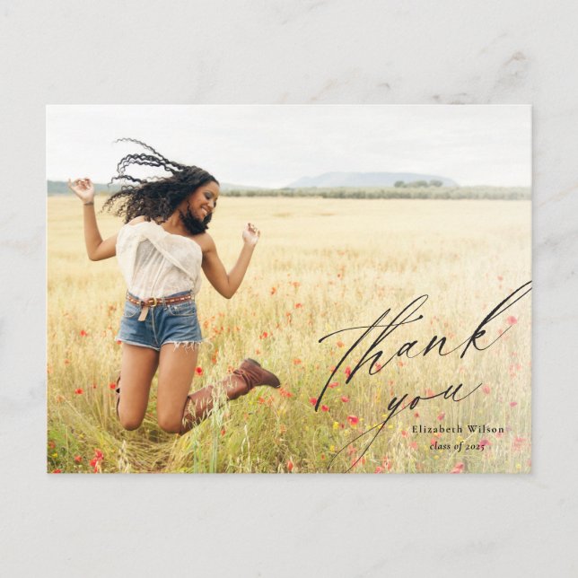 Carte Postale Élégant Script Full Photo Graduation Merci (Devant)
