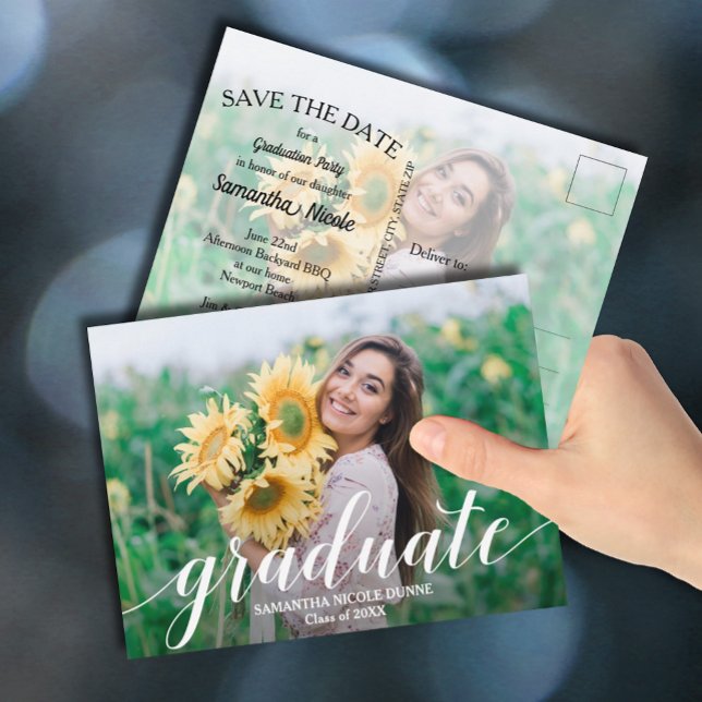 Carte Postale Élégant Script Graduation Photo ENREGISTRER LA DAT (Elegant script photo graduation SAVE THE DATE postcards)