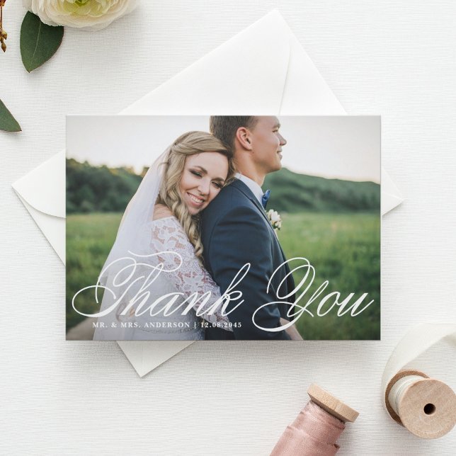 Carte Postale Élégant script Horizontal Mariage photo Merci (Créateur téléchargé)