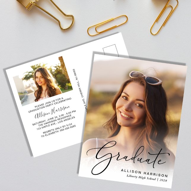 Carte Postale Élégant script photo Graduation Party Invitation (An elegant photo graduation party invitation postcard to celebrate the graduate's achievements)