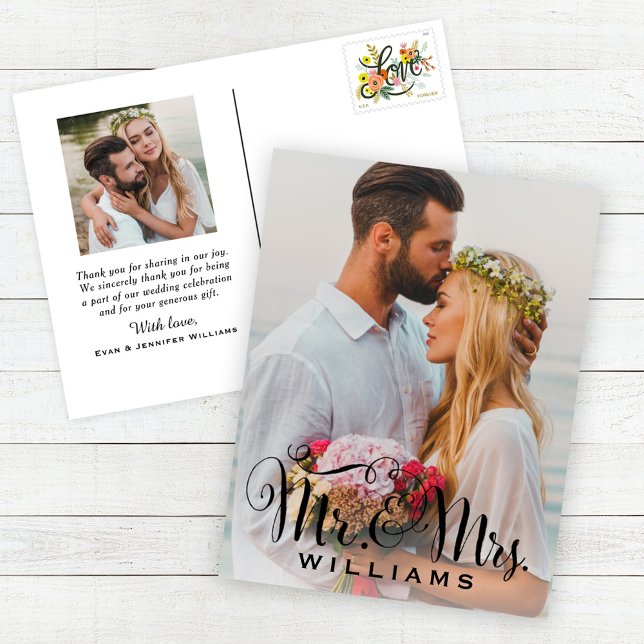 Carte Postale Élégant Script Photo Mariage Monogram Merci (Créateur téléchargé)