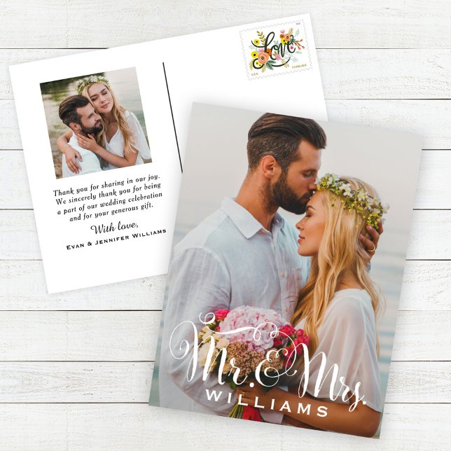 Carte Postale Élégant Script Photo Mariage Monogram Merci (Créateur téléchargé)