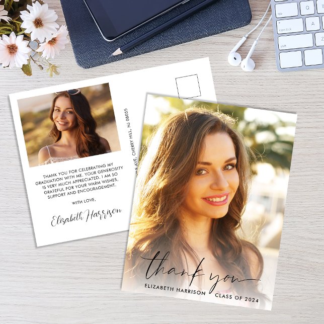 Carte Postale Élégant Script Photo Overlay Graduation Merci (Créateur téléchargé)