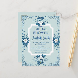 Carte Postale Élégant shower de mariage floral chinoiserie bleue