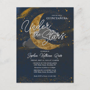 Carte Postale Élégant sous les étoiles Blue Gold Moon Quinceaner