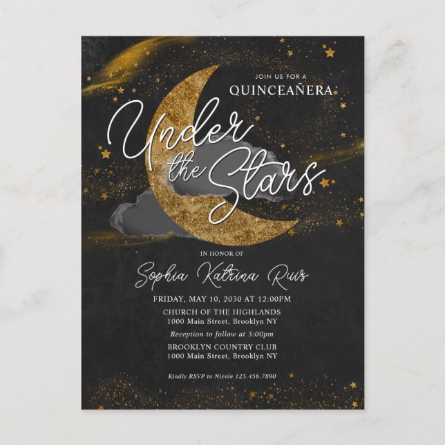 Carte Postale Élégant sous les étoiles Gold Moon Glam Quinceaner (Devant)