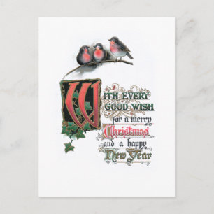 Carte Postale Élégant texte de Noël Orné avec Robins et Ivy