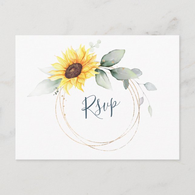 Carte Postale Elégant Tournesol Vert Aquarelle Florale RSVP (Devant)