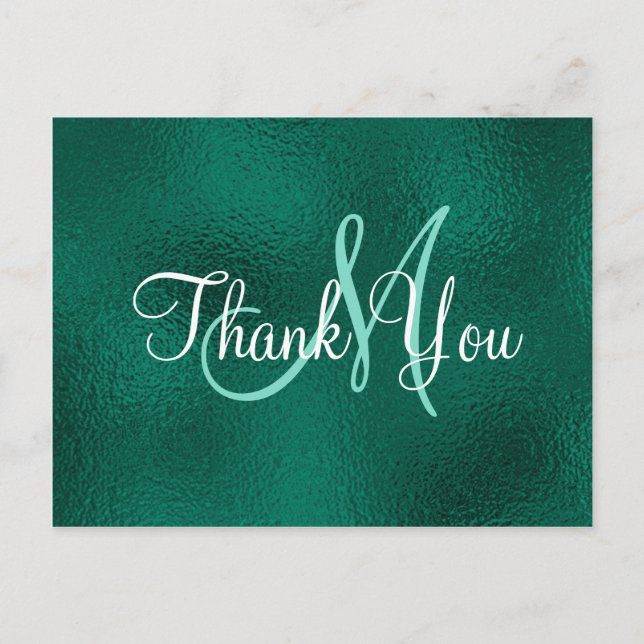 Carte Postale Élégant Turquoise Vert Faux Foil Monogramme Merci (Devant)