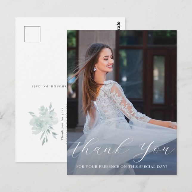 Carte Postale Élégant une photo Quinceanera Blue Floral Script (Devant / Derrière)