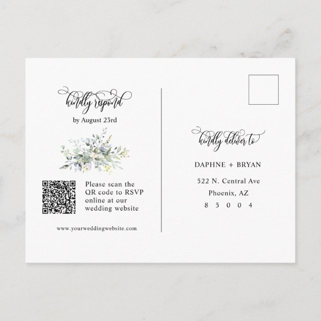 Carte Postale Élégant Vert Feuilles QR Code Adresse de retour RS (Dos)