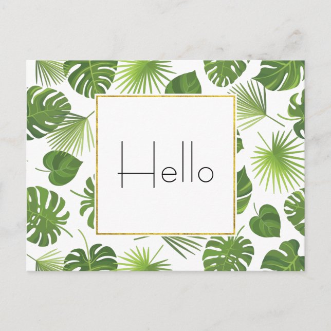 Carte Postale Élégant Vert Tropical Feuille Motif Hello (Devant)