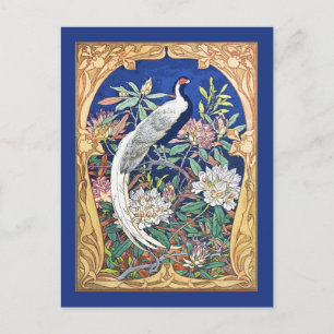 Carte Postale Élégant Vintage Fleur et Oiseau Tropical Bleu
