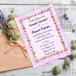 Carte Postale Élégant violet Damask et Mariage or