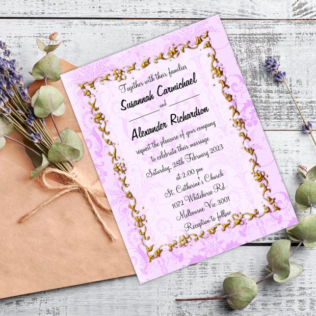 Carte Postale Élégant violet Damask et Mariage or (Créateur téléchargé)