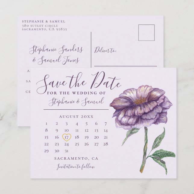 Carte Postale Élégant violet Mariage Calendrier Enregistrer la d (Devant / Derrière)