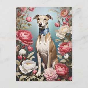 Carte Postale Elégant Whippet rose Peony Flowers Arrière - plan 