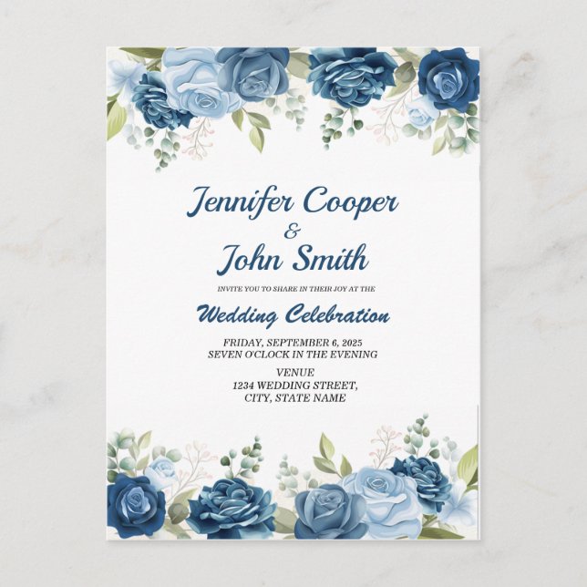 Carte Postale Elégante aquarelle bleu Rose Mariage floral (Devant)