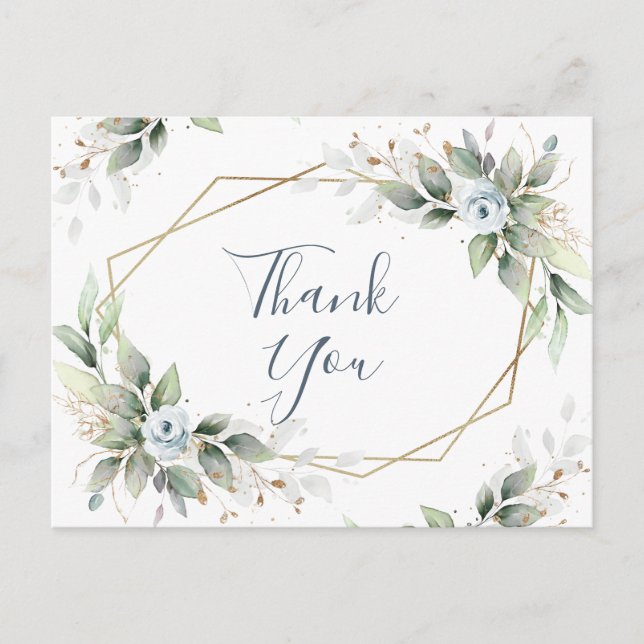 Carte Postale Elégante aquarelle Dusty Blue Foliage Merci (Devant)