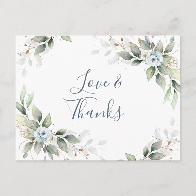 Carte Postale Elégante aquarelle Dusty Blue Foliage Merci (Devant)