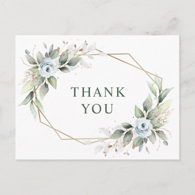 Carte Postale Elégante aquarelle Dusty Blue Foliage Merci (Devant)