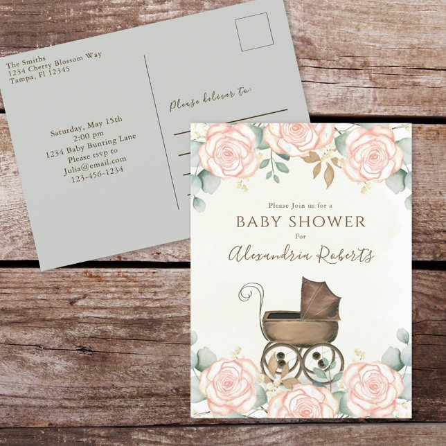 Carte Postale Elégante Aquarelle rose Floral Baby shower sucré (Créateur téléchargé)