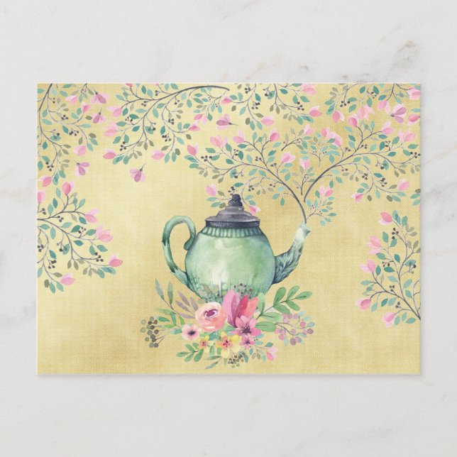 Carte Postale Elégante aquarelle théière et fleurs or (Devant)