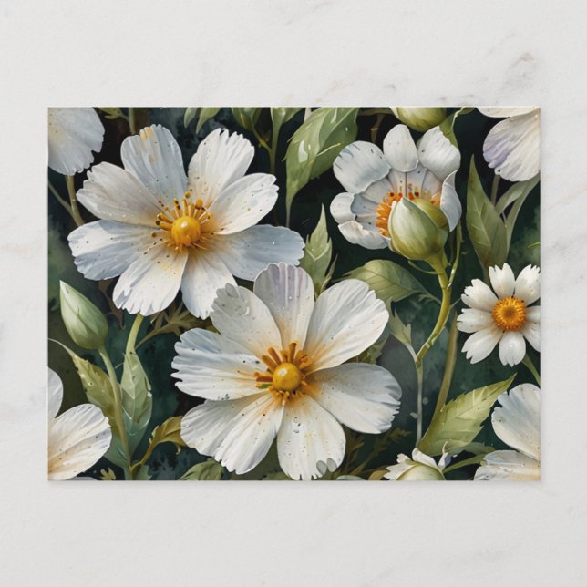 Carte Postale Elégante Belle Fleurs Blanches Aquarelle Chic (Devant)