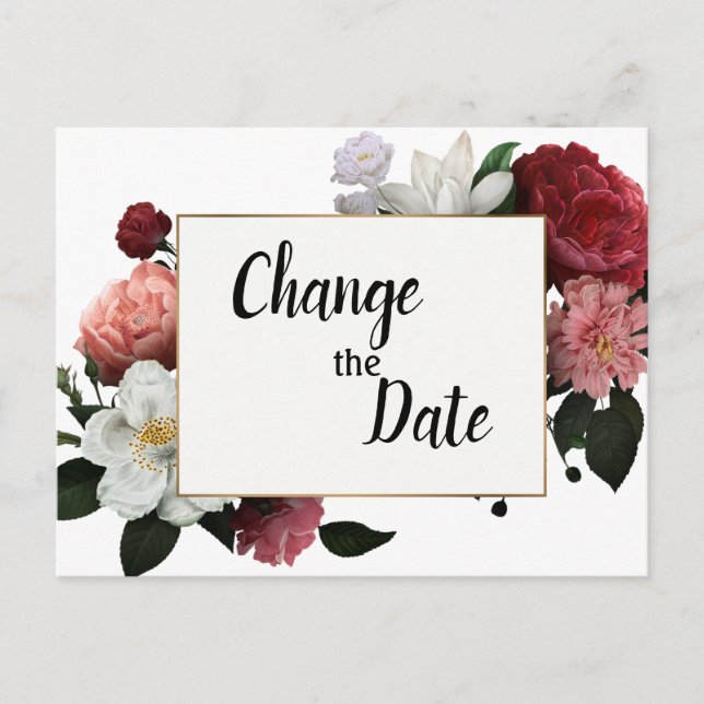 Carte Postale Elégante Bourgogne et Fleurs roses Changer de date (Devant)