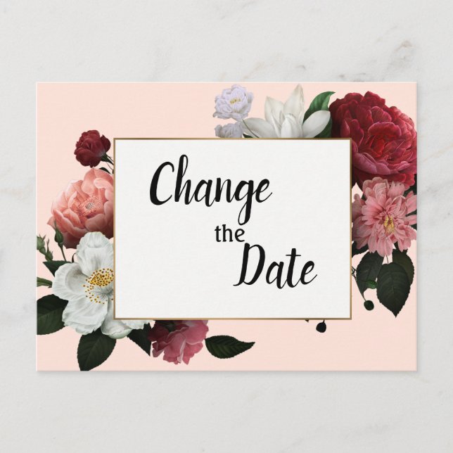 Carte Postale Elégante Bourgogne et Fleurs roses Changer de date (Devant)