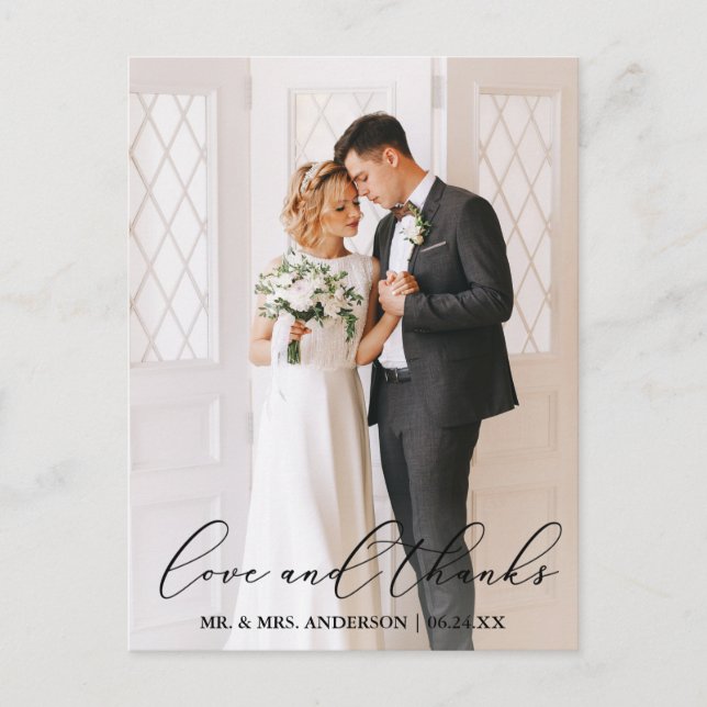 Carte Postale Élégante calligraphie Mariage Photo Love Merci (Devant)
