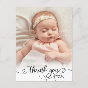 Carte Postale Élégante calligraphie Nouveau-né Baby Photo Merci