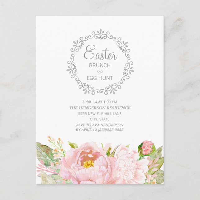Carte Postale Elégante Chasse aux oeufs de Brunch Pâques rose (Devant)