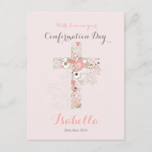 Carte Postale Elégante confirmation rose pâle nom croisé floral