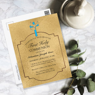 Carte Postale Elégante Croix d'or bleu première communion Invita