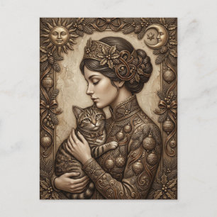 Carte Postale Élégante dame de Noël victorienne avec un chat 