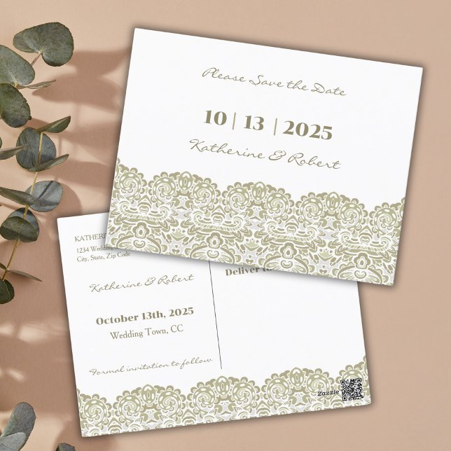 Carte Postale Élégante dentelle beige Enregistrer la date (Créateur téléchargé)
