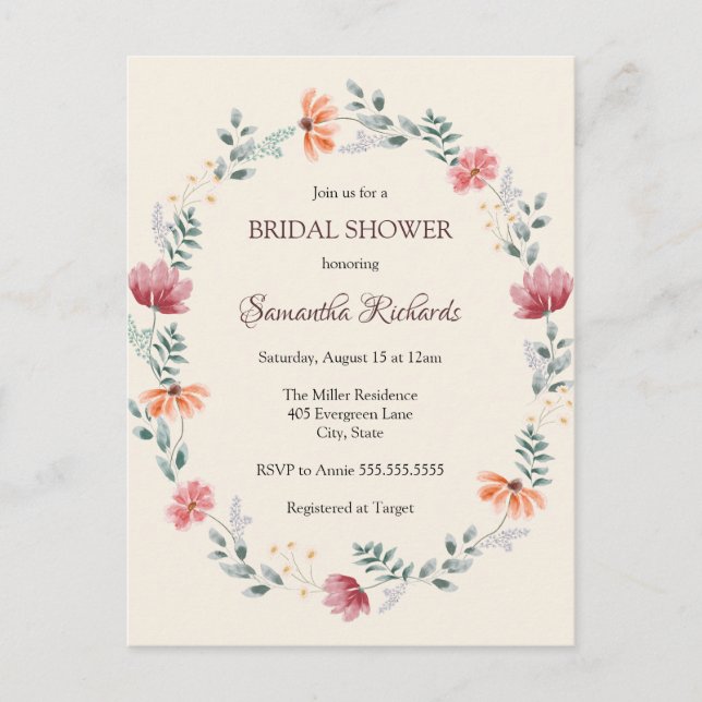 Carte Postale Élégante douche de mariée fleur sauvage aquarelle  (Devant)