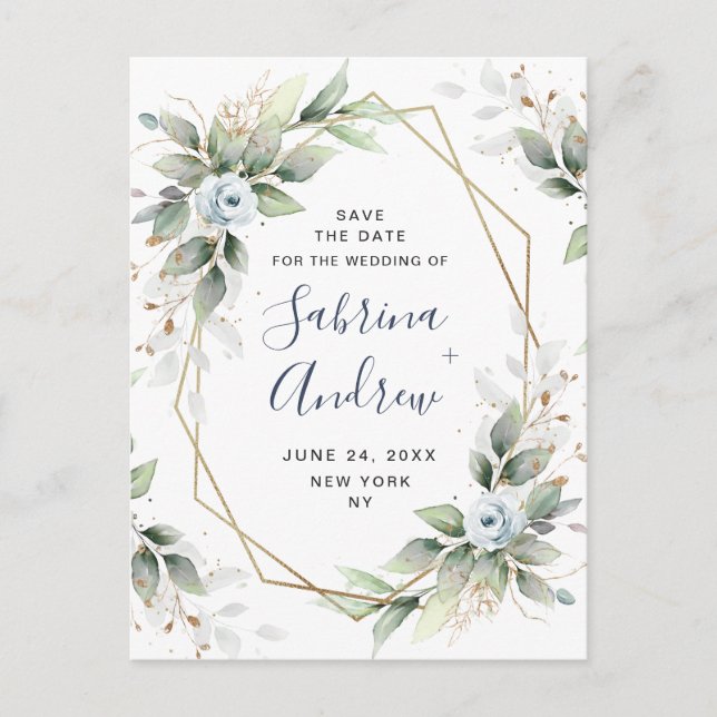 Carte Postale Elégante Dusty Blue Greenery Mariage Enregistrer l (Devant)