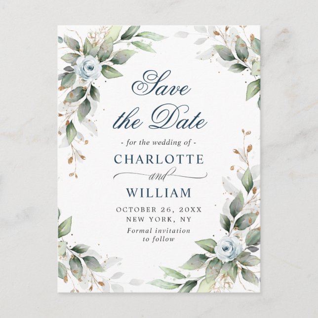 Carte Postale Elégante Dusty Blue Greenery Mariage Enregistrer l (Devant)