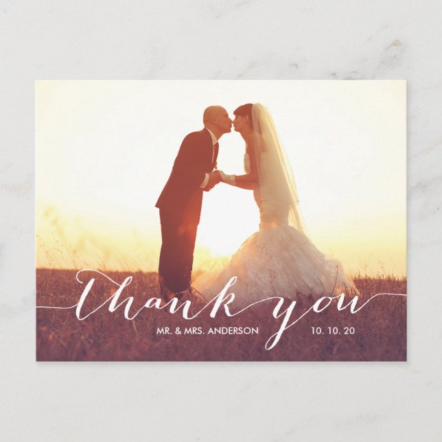Carte Postale Élégante écriture manuscrite 2 Mariage photo Merci (Devant)
