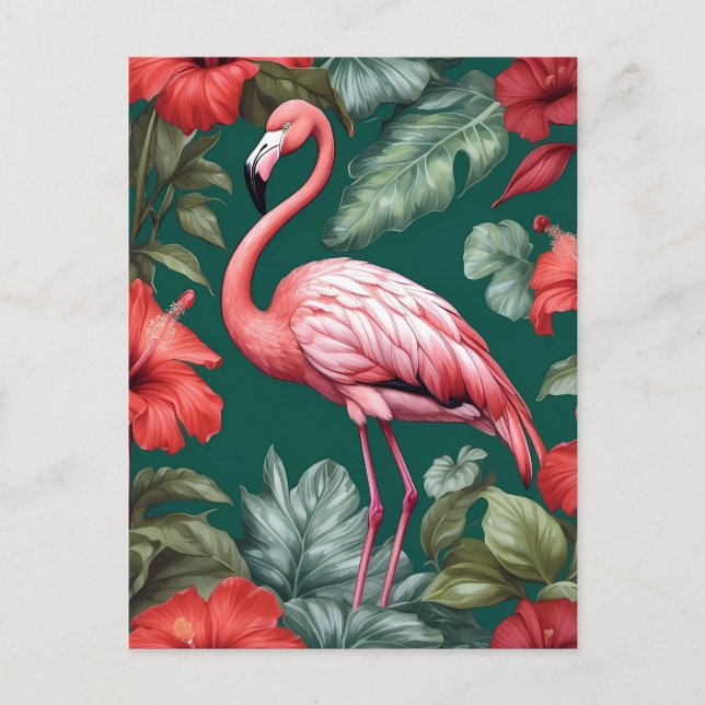 Carte Postale Elégante Flamant rose Hibiscus Fleurs Emerald Gree (Devant)