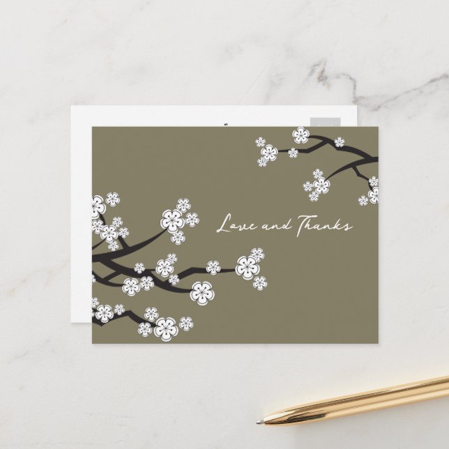 Carte Postale Élégante Fleurs de cerises blanches Sakura Love &  (Devant/Arrière en situation)