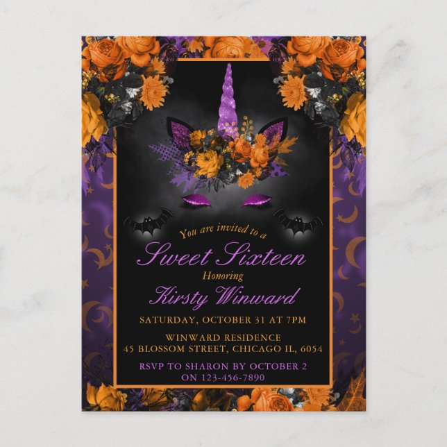 Carte Postale Elégante Fleurs d'Halloween Unicorn Sweet 16 Invit (Devant)