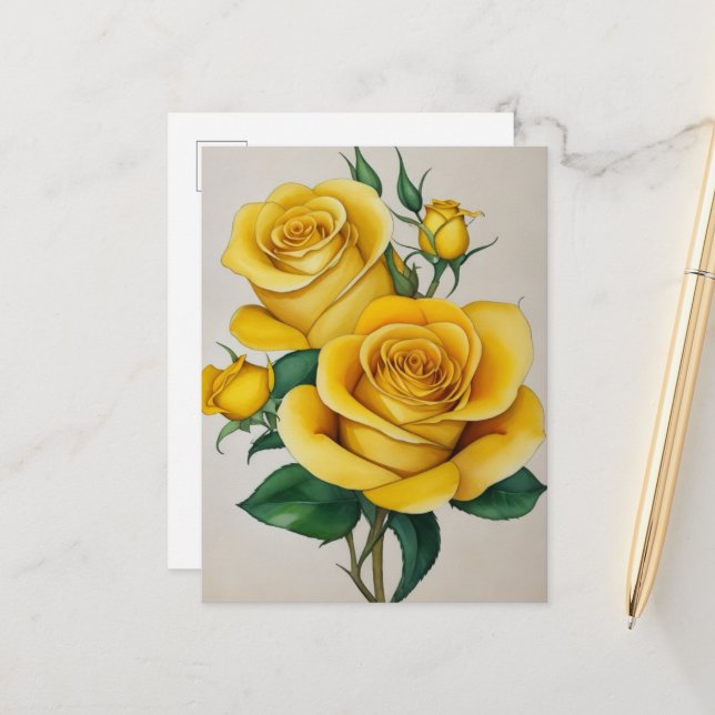 Carte Postale Élégante Flora Rose Jaune (Devant/Arrière en situation)
